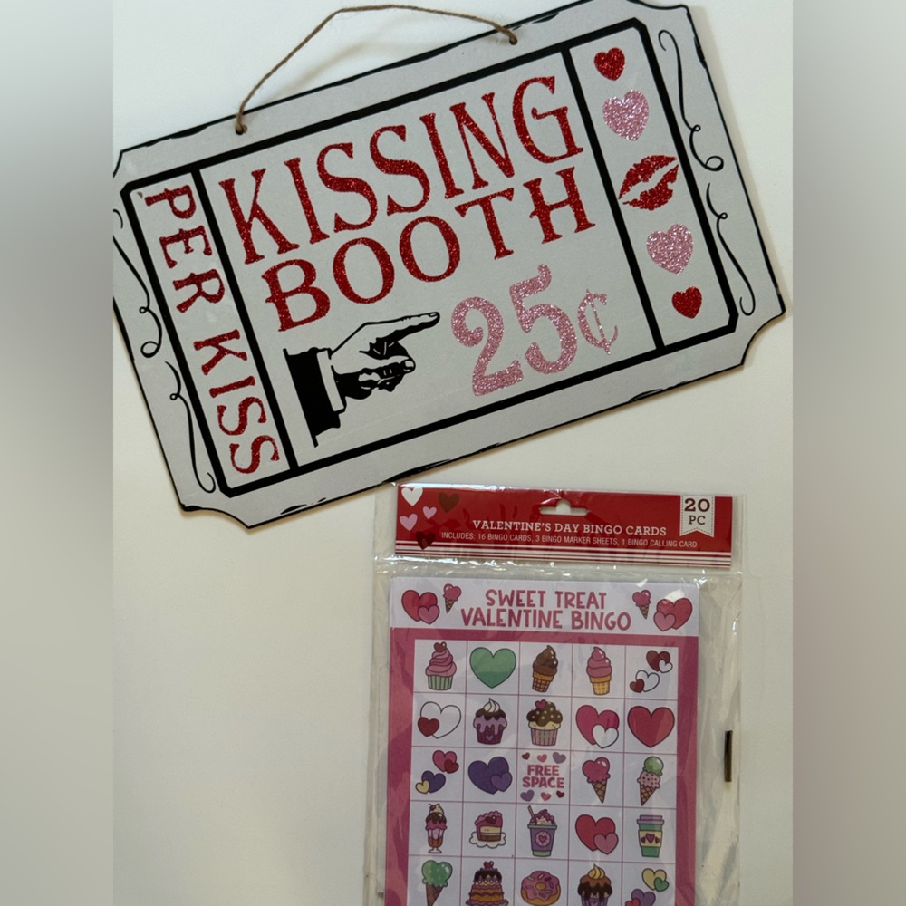 Valentine’s Day, bingo cards game and kissing booth decor sign.